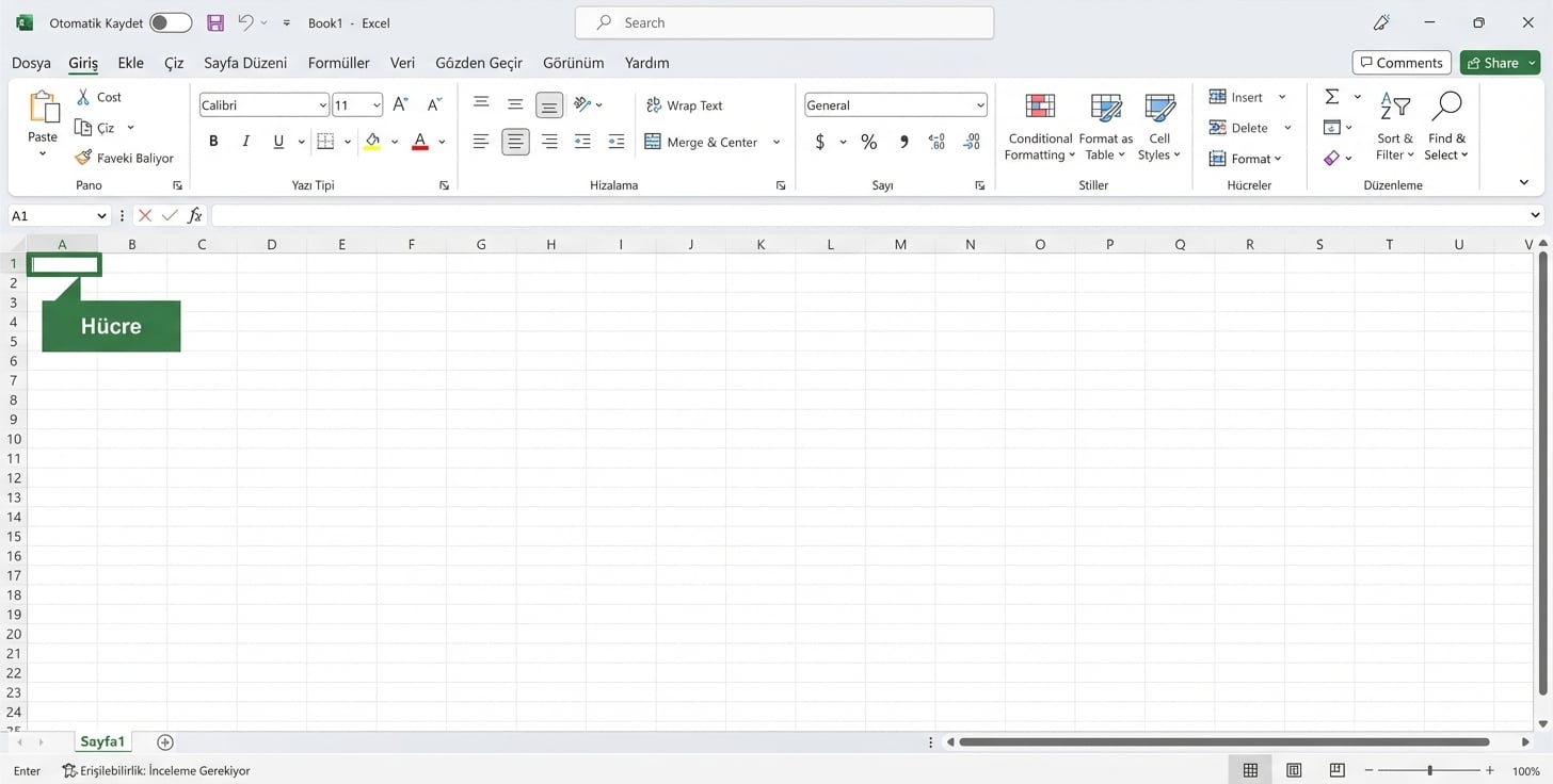 Bir hücreyi vurgulayan Excel dosyası