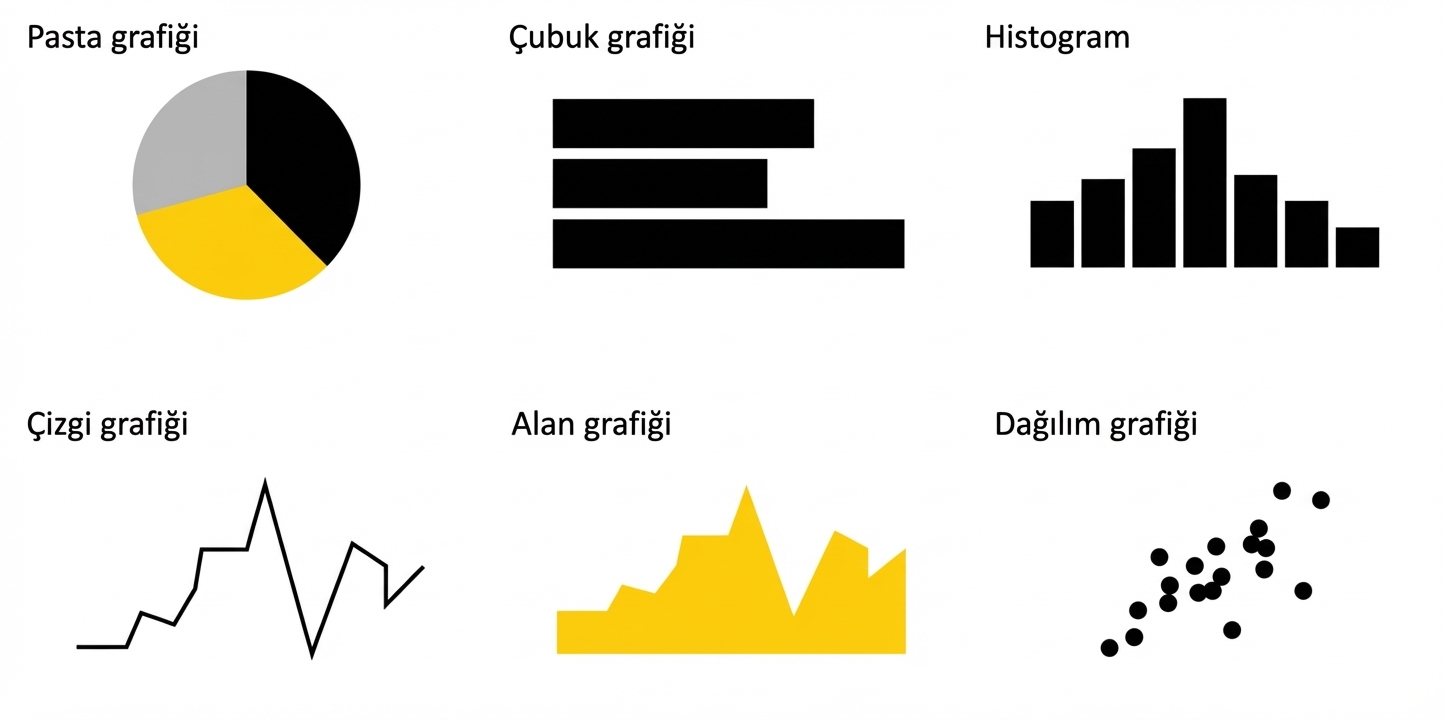 Pasta, çubuk, histogram, çizgi, alan ve saçılım grafiklerinin görsel temsili