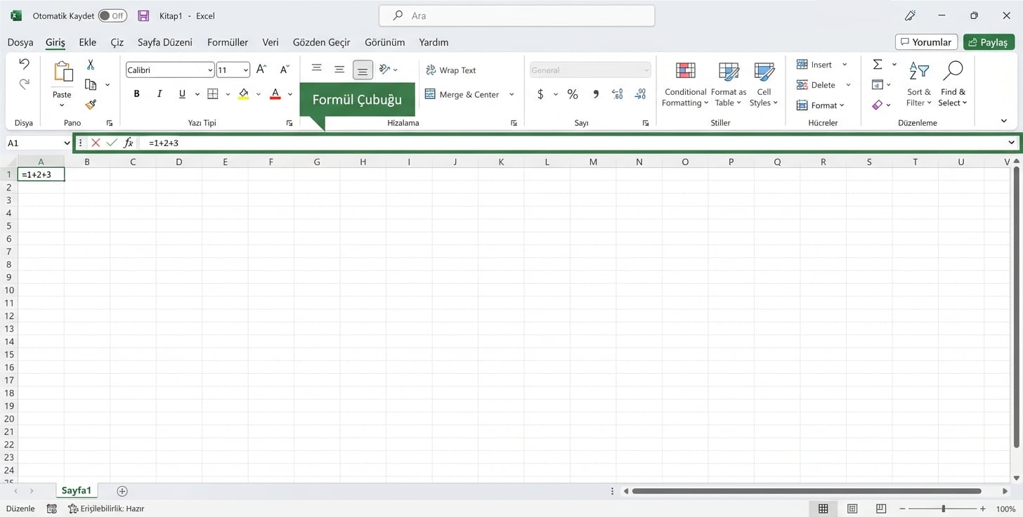 Formül çubuğunu vurgulayan Excel dosyası