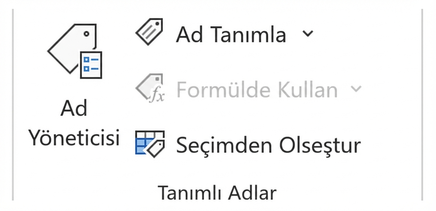 Excel'de hücre aralıklarını adlandırmayla ilgili özellikleri gösteren görsel.