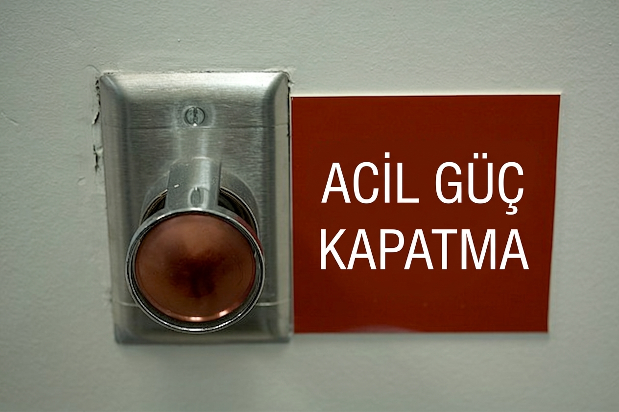 Yanında "Acil kapatma" yazısı olan büyük kırmızı bir düğme resmi