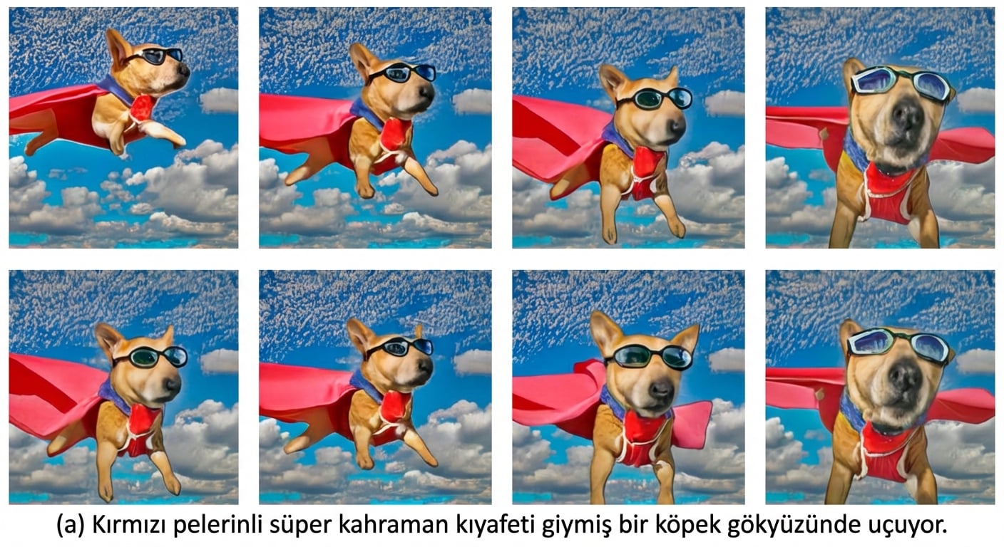 Uçan bir köpeğin yapay zeka ile üretilmiş videosundan kareler