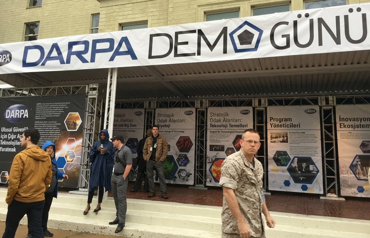 Üstte "DARPA Demo Day" yazılı afiş bulunan konferans stantları görüntüsü