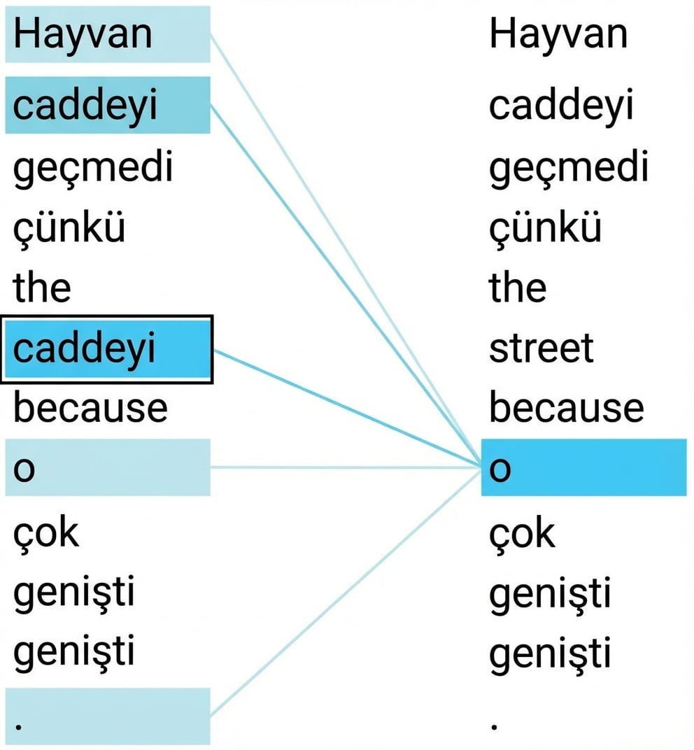 'The animal didn't cross the street because it was too wide.' cümlesi. 'it' ve 'street' vurgulanmış.