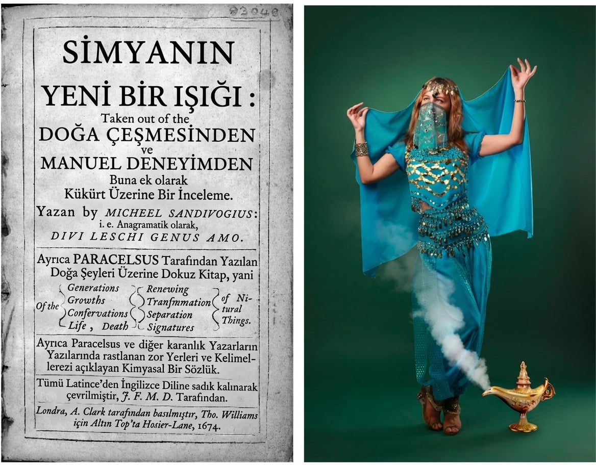 Bir simya el yazması ve sihirli lambadan çıkan cin görselleri