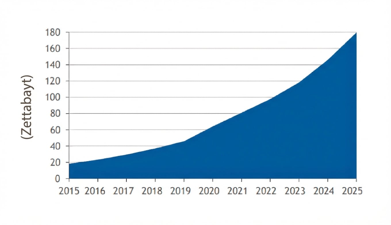 Küresel veri küresindeki hızlanan büyümeyi gösteren bir grafik; 2015'te 20 zettabayttan 2025'te 180 zettabayta.