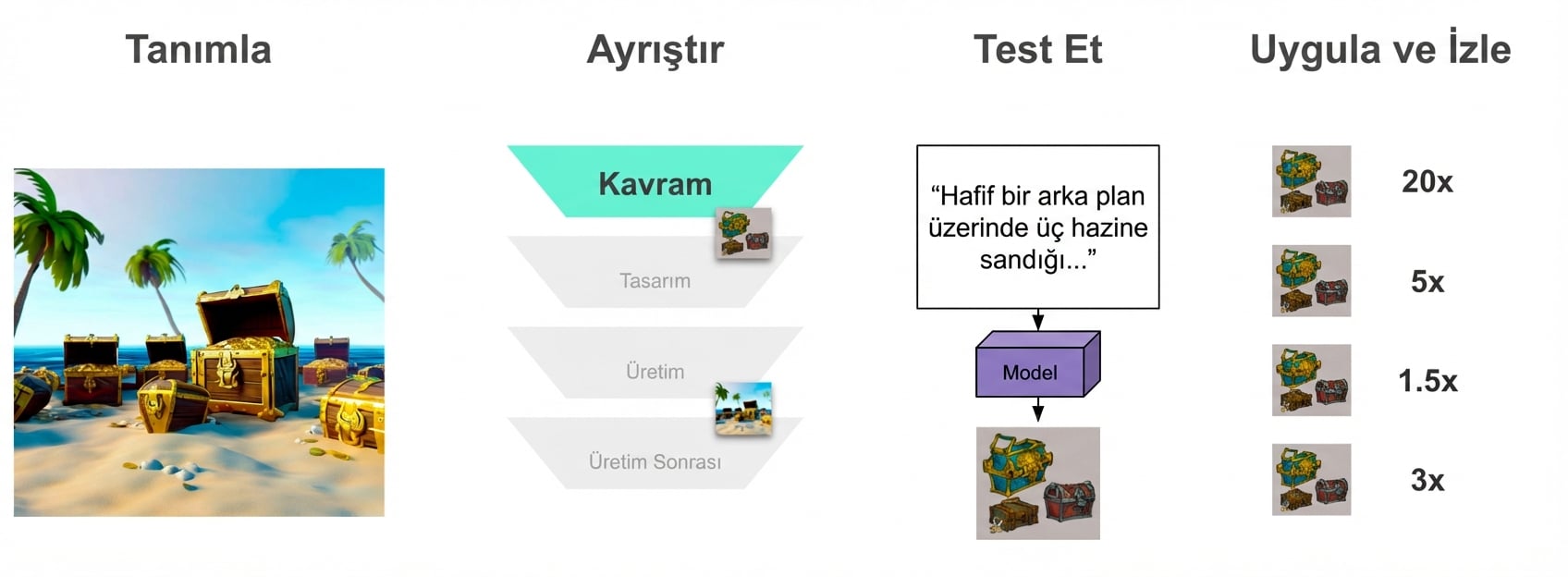Her birinde 1,5x ile 20x arasında performans artışı puanı olan hazine sandığı konsept görselleri