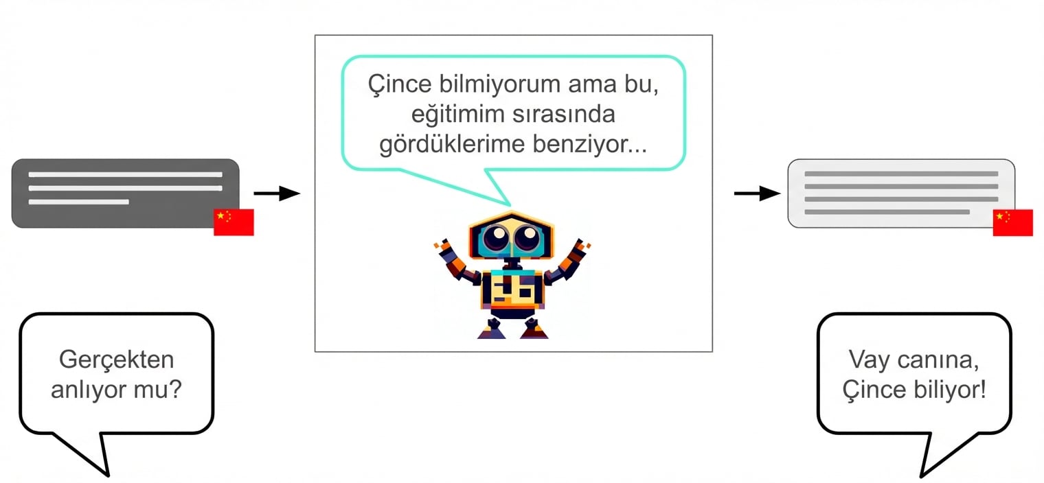 Bir robot Çince karakterleri girdi olarak alır ve çıktı olarak Çince karakterler verir. Ancak kutunun içinde şöyle düşünür: "Aslında Çinceyi anlamıyorum, ama bu eğitimde gördüğüme benziyor..."