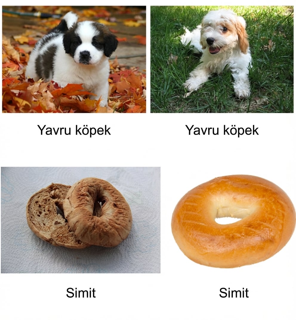 Dördü etiketli dört görsel: iki köpek yavrusu ve iki simit
