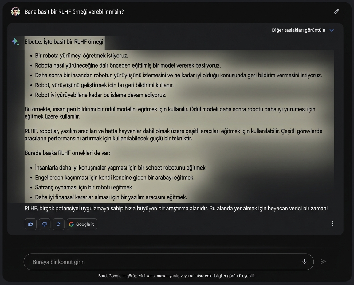 Google Bard sohbet arayüzünde vurgulanmış 'başparmak yukarı' ve 'başparmak aşağı' geri bildirim seçenekleri