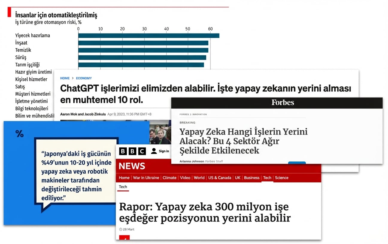 AI’nin çeşitli işleri nasıl değiştireceğini öne süren manşetler ve grafikler