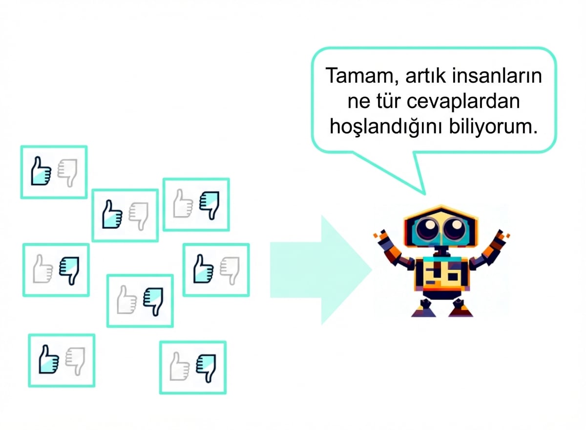 Başparmak yukarı/aşağı ile puanlanmış birkaç metin yanıtının, "Tamam, insanların hangi cevapları sevdiğini artık biliyorum" diyen bir robota iletilmesi