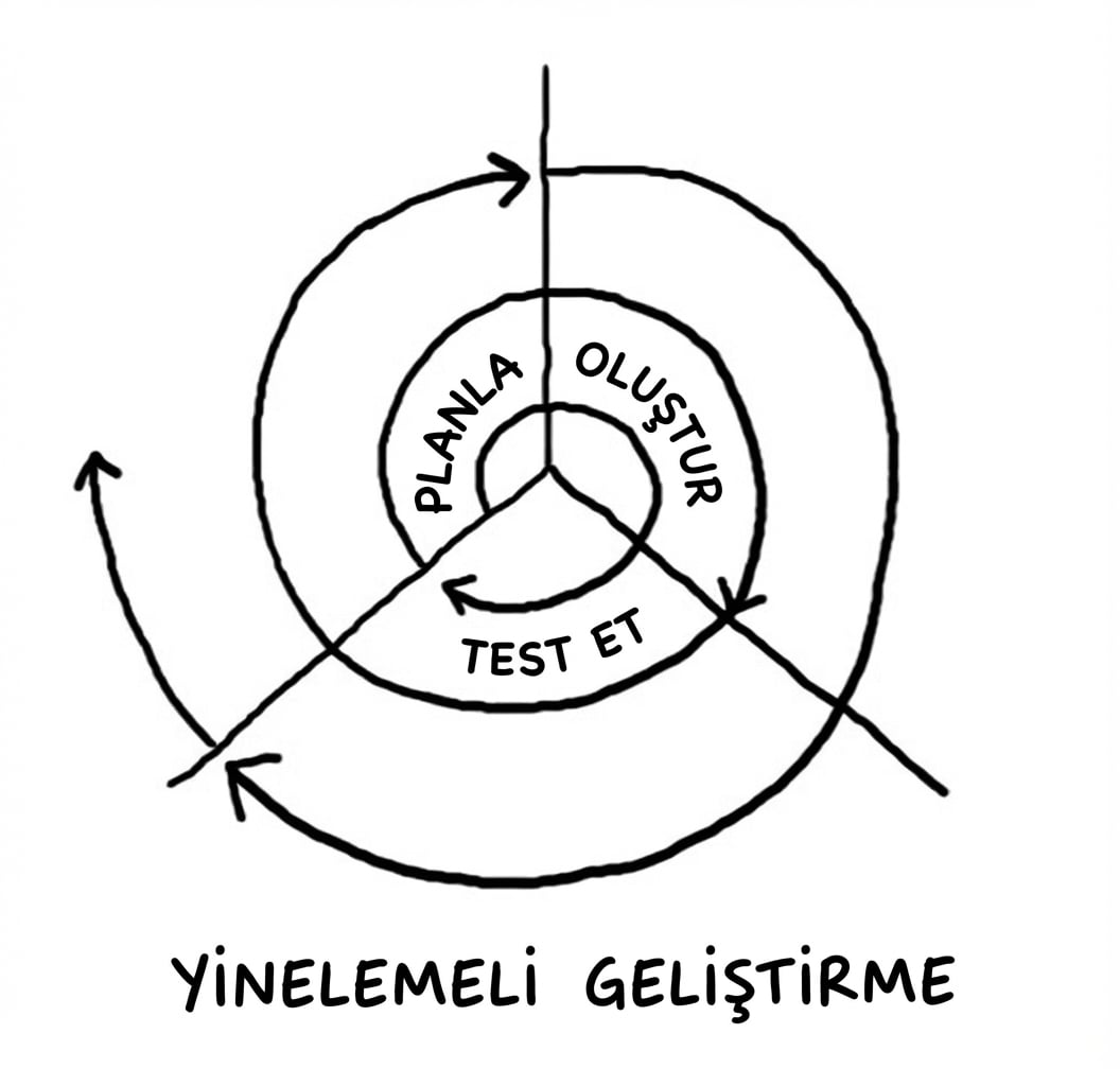 Her adımı dışa doğru ilerleyen bir spiral ile yinelemeli geliştirmeyi gösteren görsel