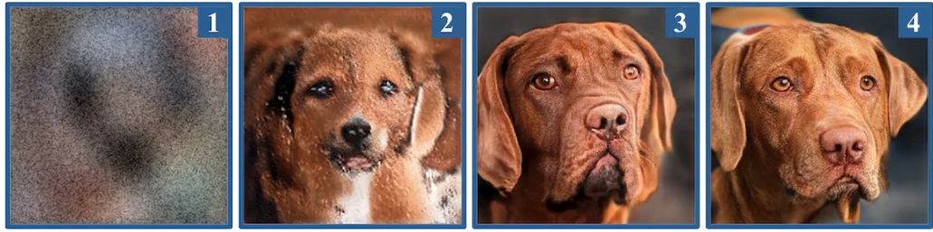 Four images of dogs, each looking more realistic than the last.