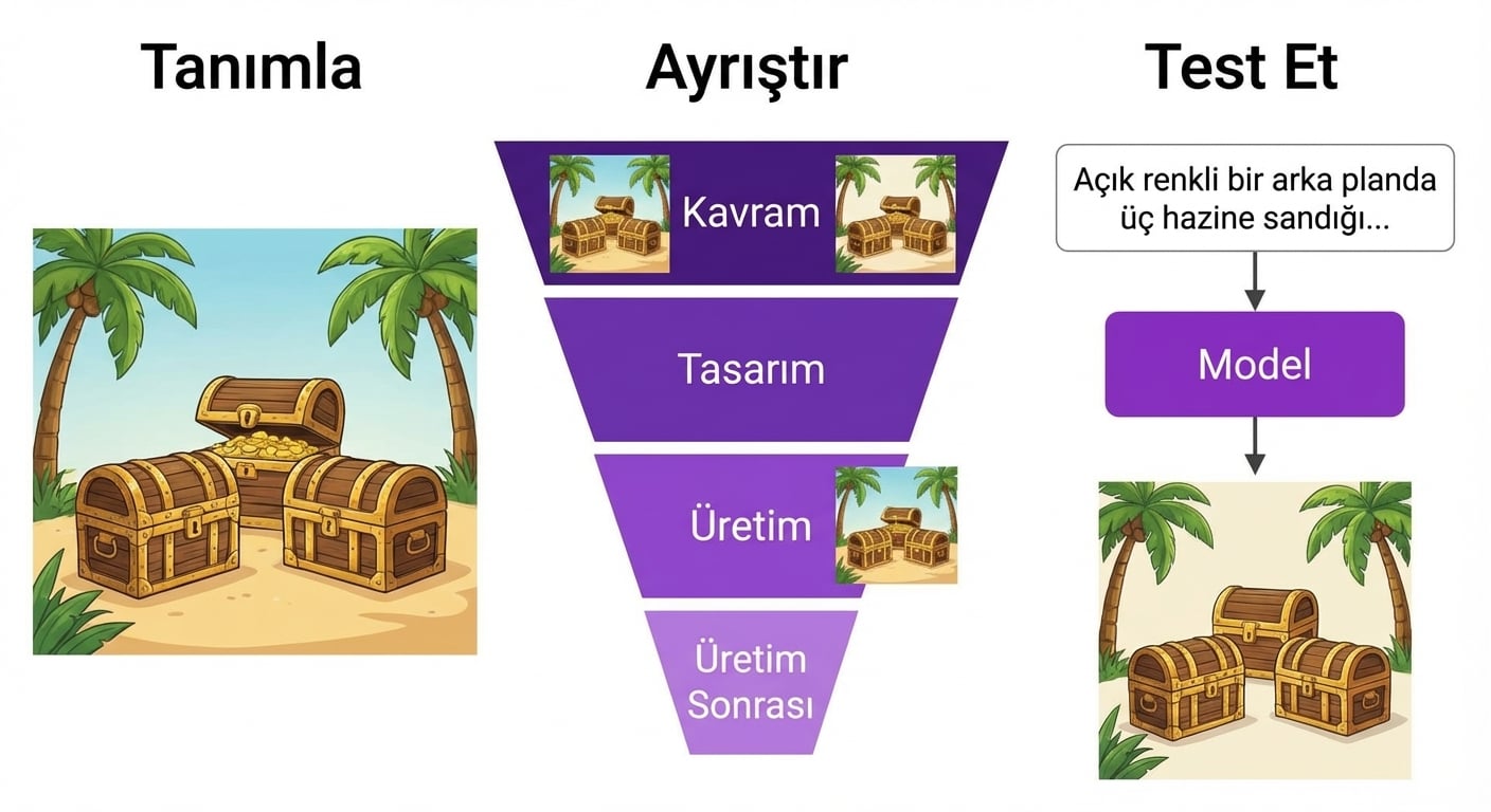 "Açık arka planda üç hazine sandığı..." istemi bir modele gönderiliyor; model karşılık gelen görseli üretiyor
