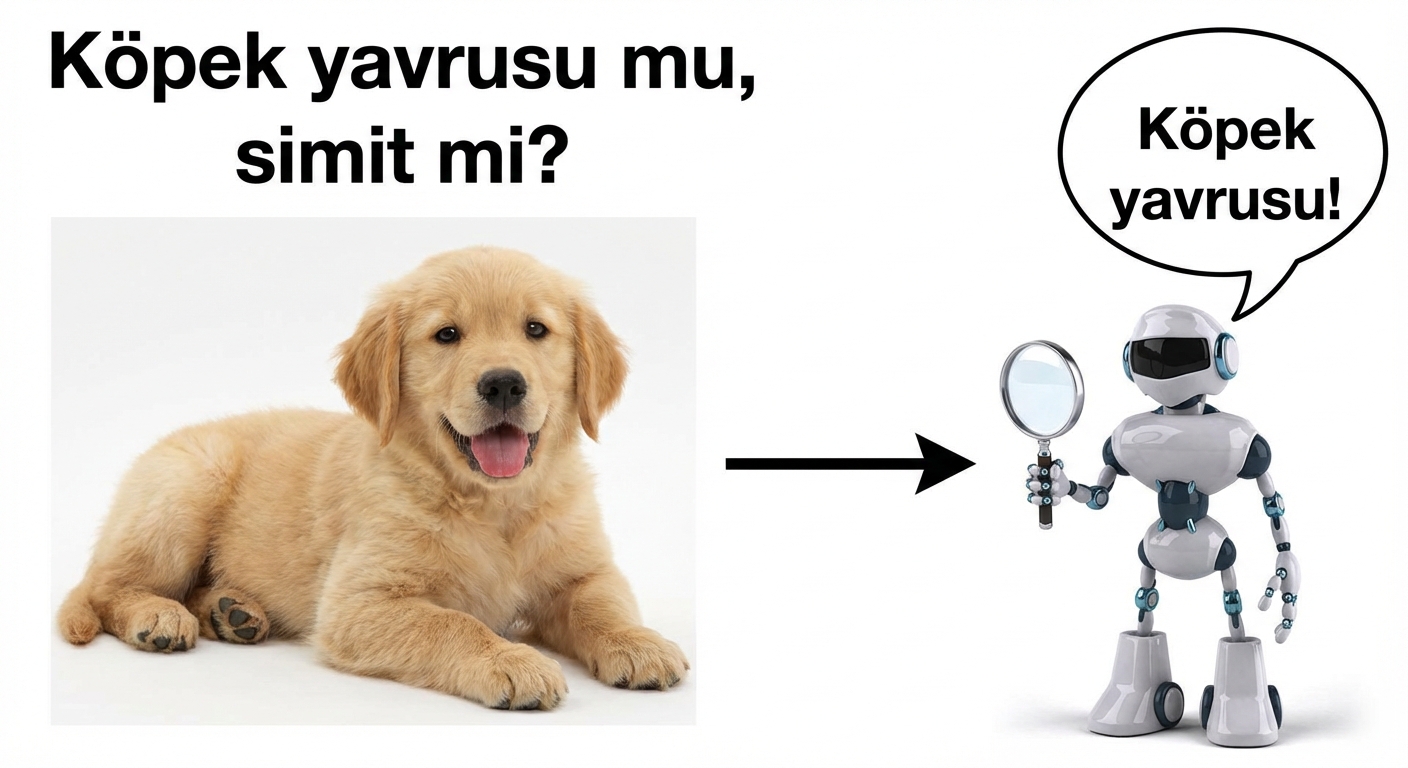 “köpek yavrusu!” diyen çizgi film robot ve mutlu bir köpek yavrusu görseli
