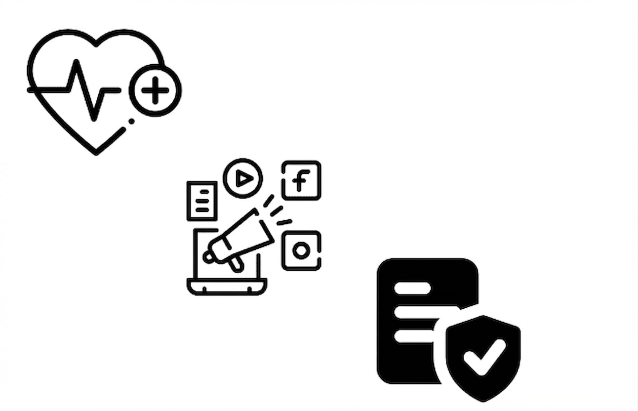 Sağlık, medya ve sigorta sektörlerini temsil eden ikonlar.
