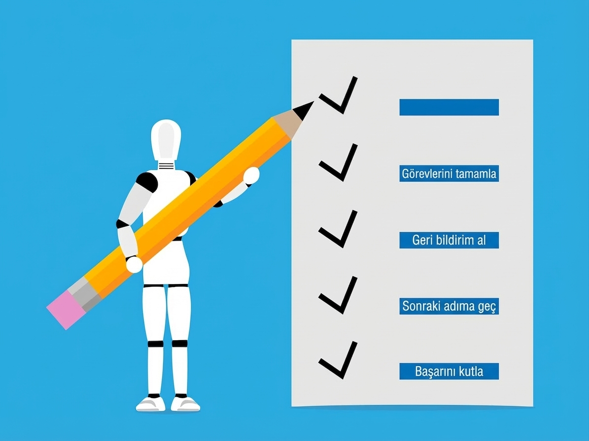 Bir kontrol listesinin yanında duran robot görseli.