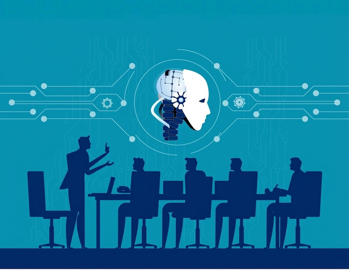 Bir toplantıda insanların yapay zekâ ile ilgili endişelerini dile getirdiği bir illüstrasyon.