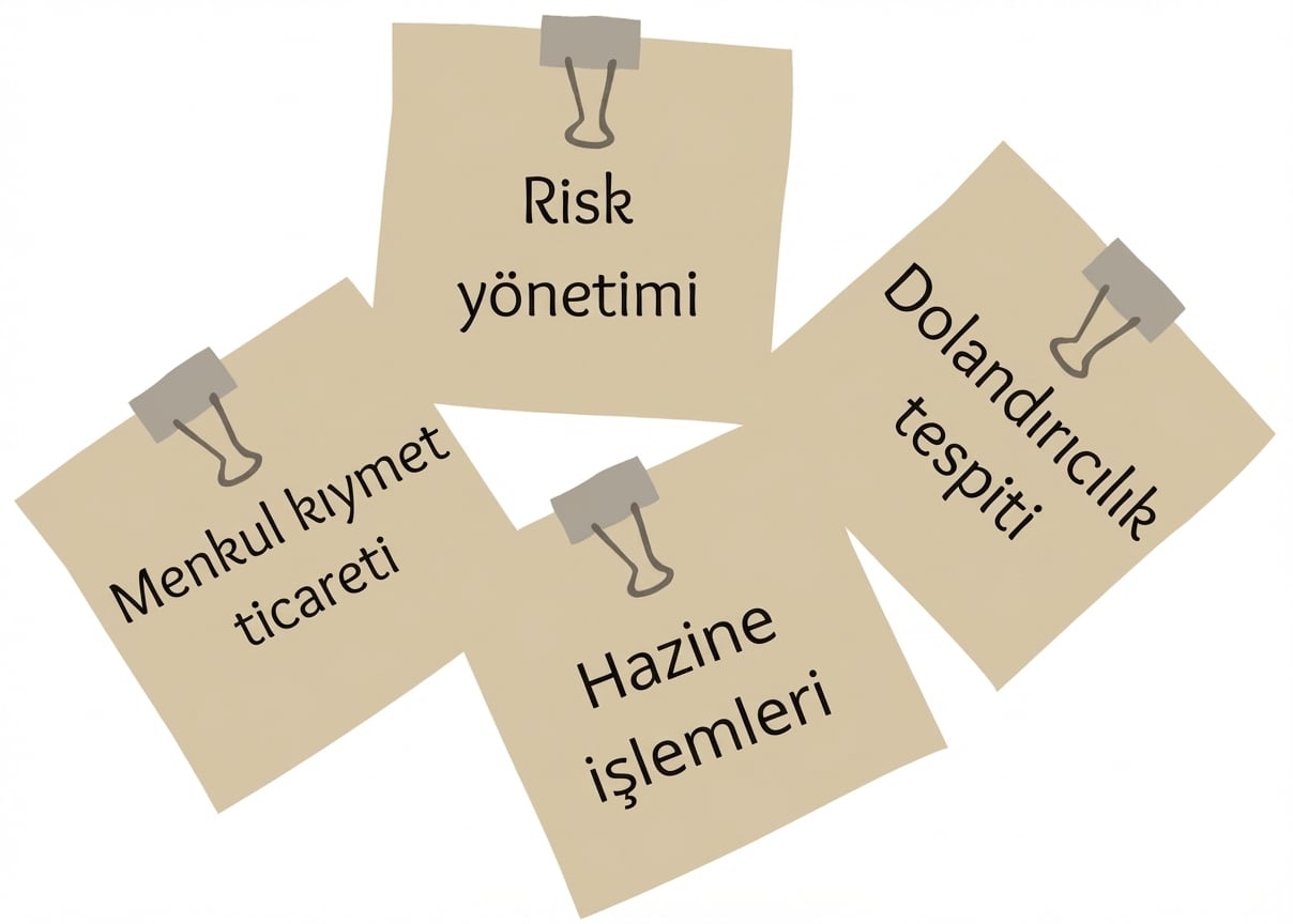 Finansal hizmetlerin YZ’yi genelde nasıl kullandığını gösteren yapışkan notlar.