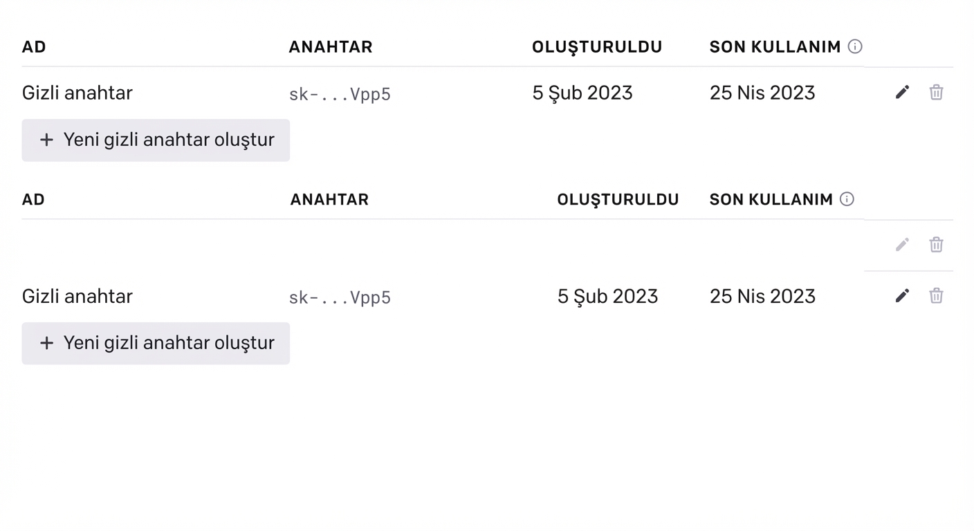 Yeni bir gizli anahtar oluşturma düğmesi.