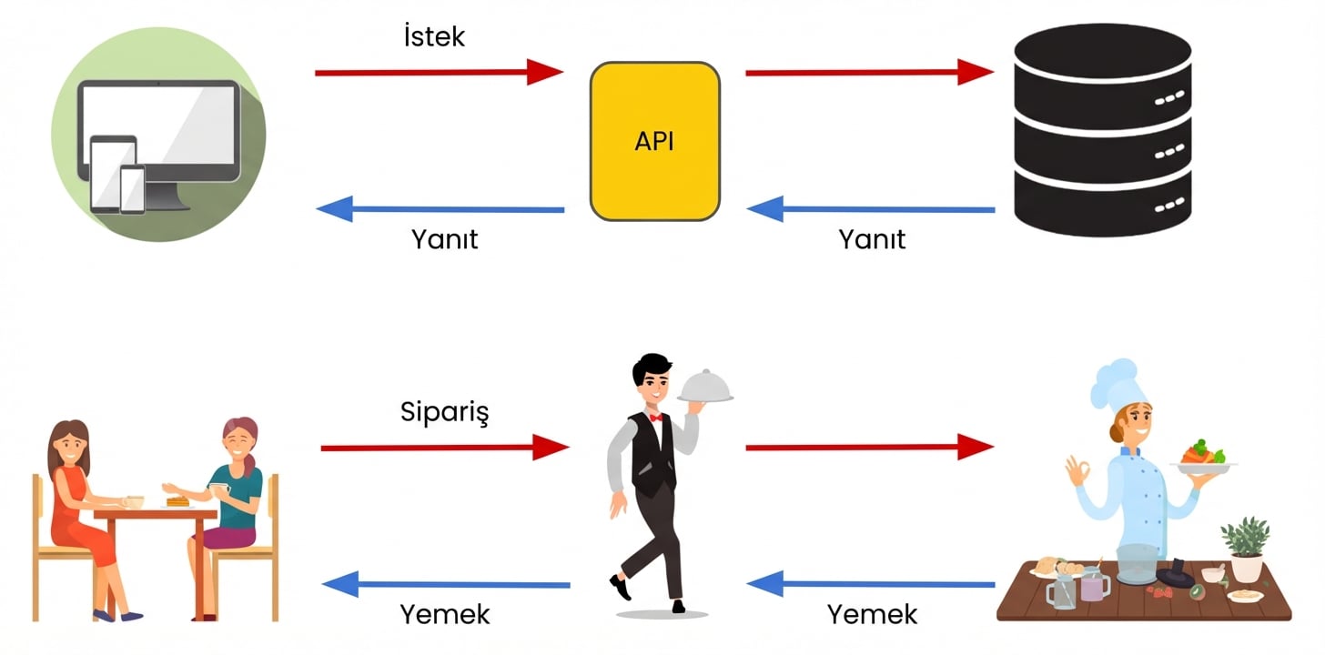 Bir garsonun mutfak ile masalar arasında sipariş ve yemek taşıması. Bu, API'lerin cihazlar ve sistemler arasında nasıl çalıştığını yansıtır.