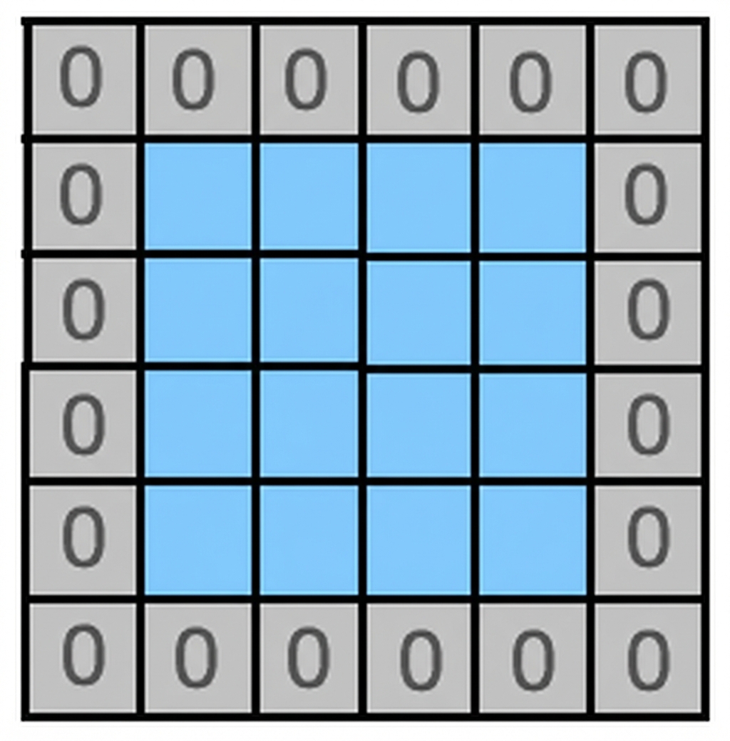 Değeri sıfır olan piksellerden oluşan bir çerçeve ile çevrelenmiş 4x4 bir görüntü.