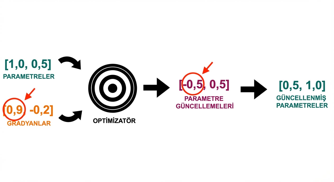 Parametre güncellemelerinden gelen oklar, güncellenmiş parametre değerlerine işaret ediyor: 0.5 ve 1.0