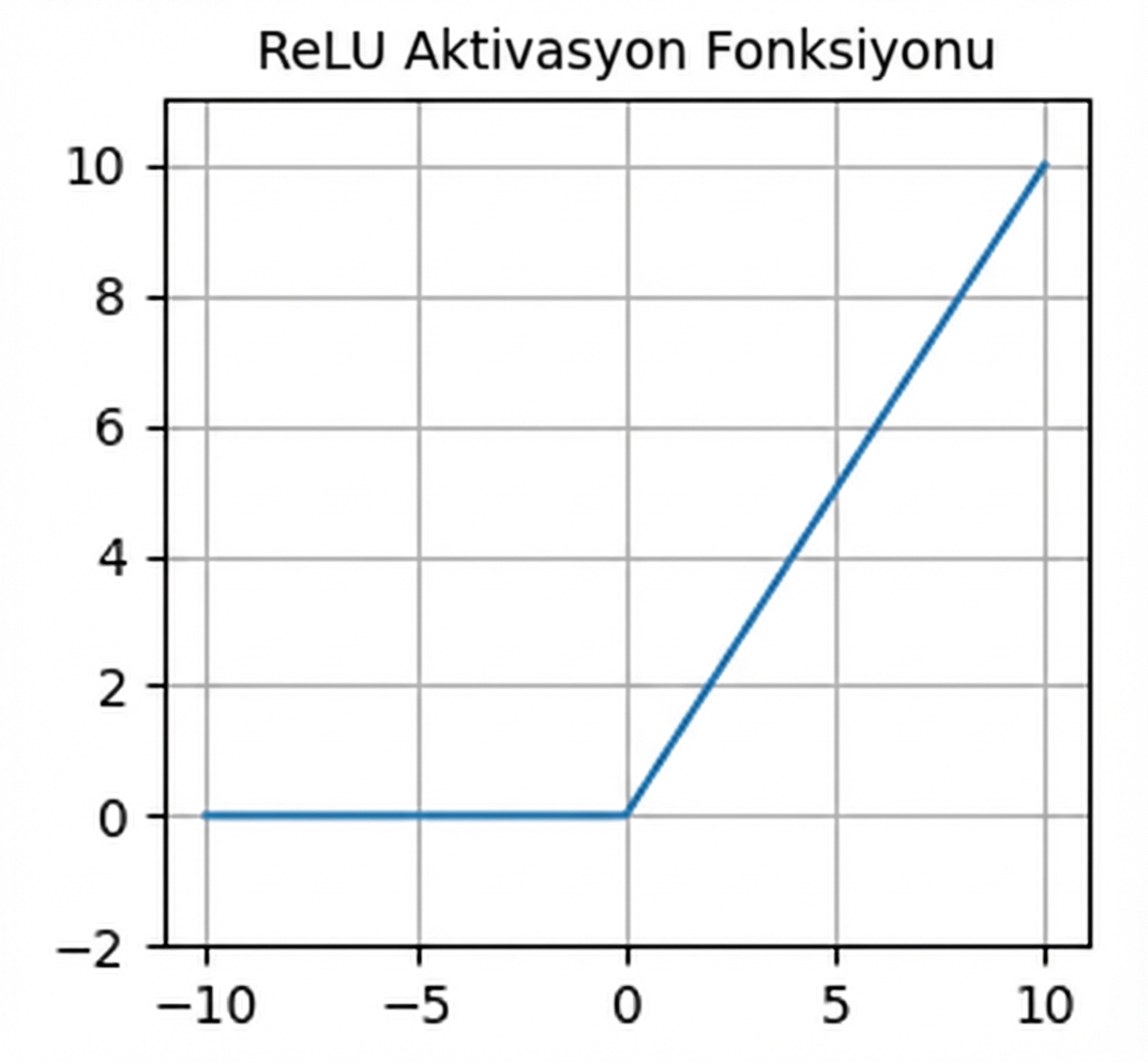 ReLU fonksiyonunu gösteren grafik. Sıfırın altında çizgi sıfırda yatay; sıfırın üstünde pozitif eğimli.