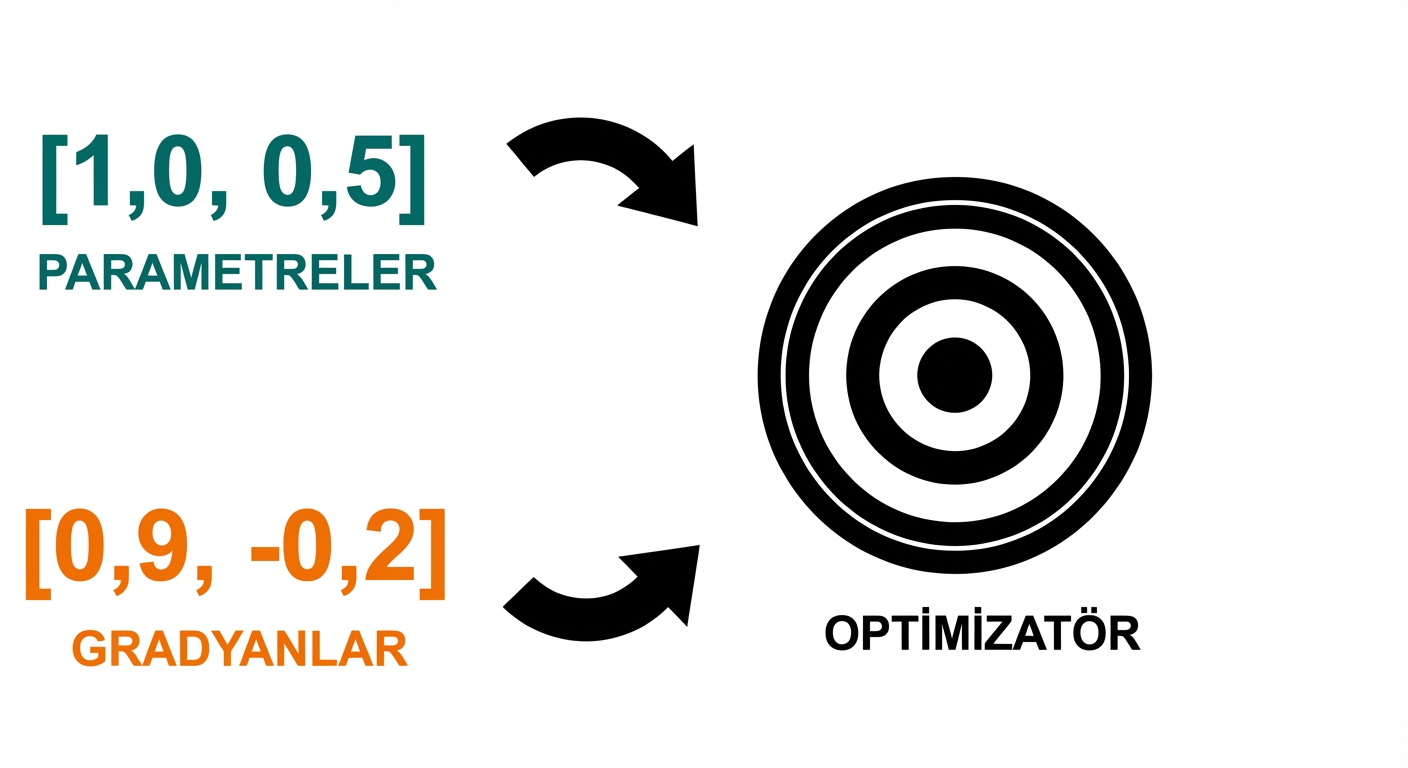 Oklar, parametreler ve gradyanlar içeren iki vektörün, hedef tahtası gibi çizilmiş eniyileyiciye aktarıldığını gösteriyor.