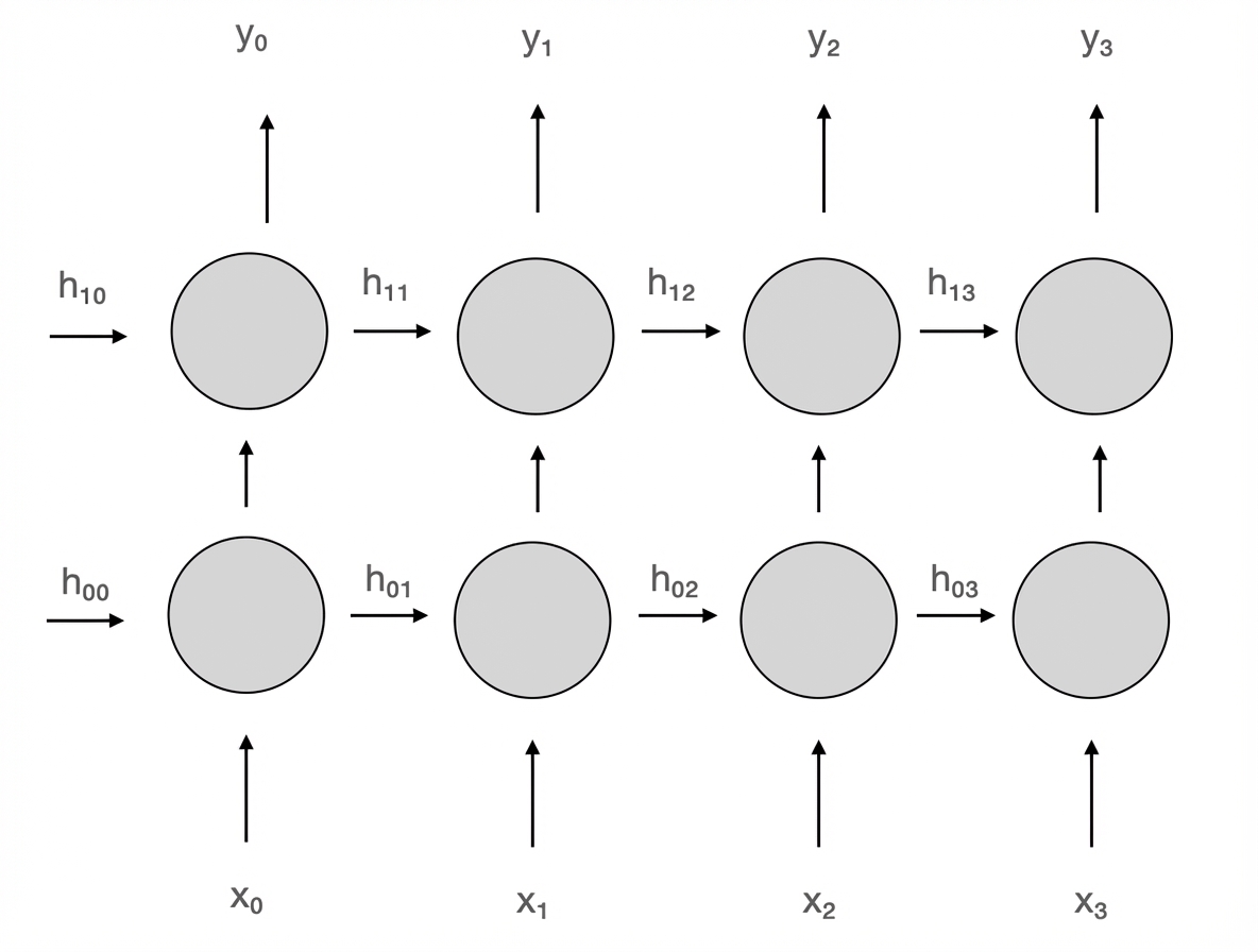 Bir katman oluşturan iki yinelemeli nöron şeması. Her zaman adımında, çıktılar y başka bir nörona iletilir.