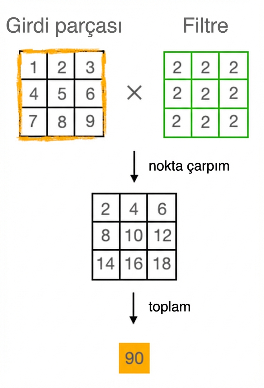 İki 3x3 matris, eleman bazında çarpılır ve sonuçtaki tüm sayılar toplanır.