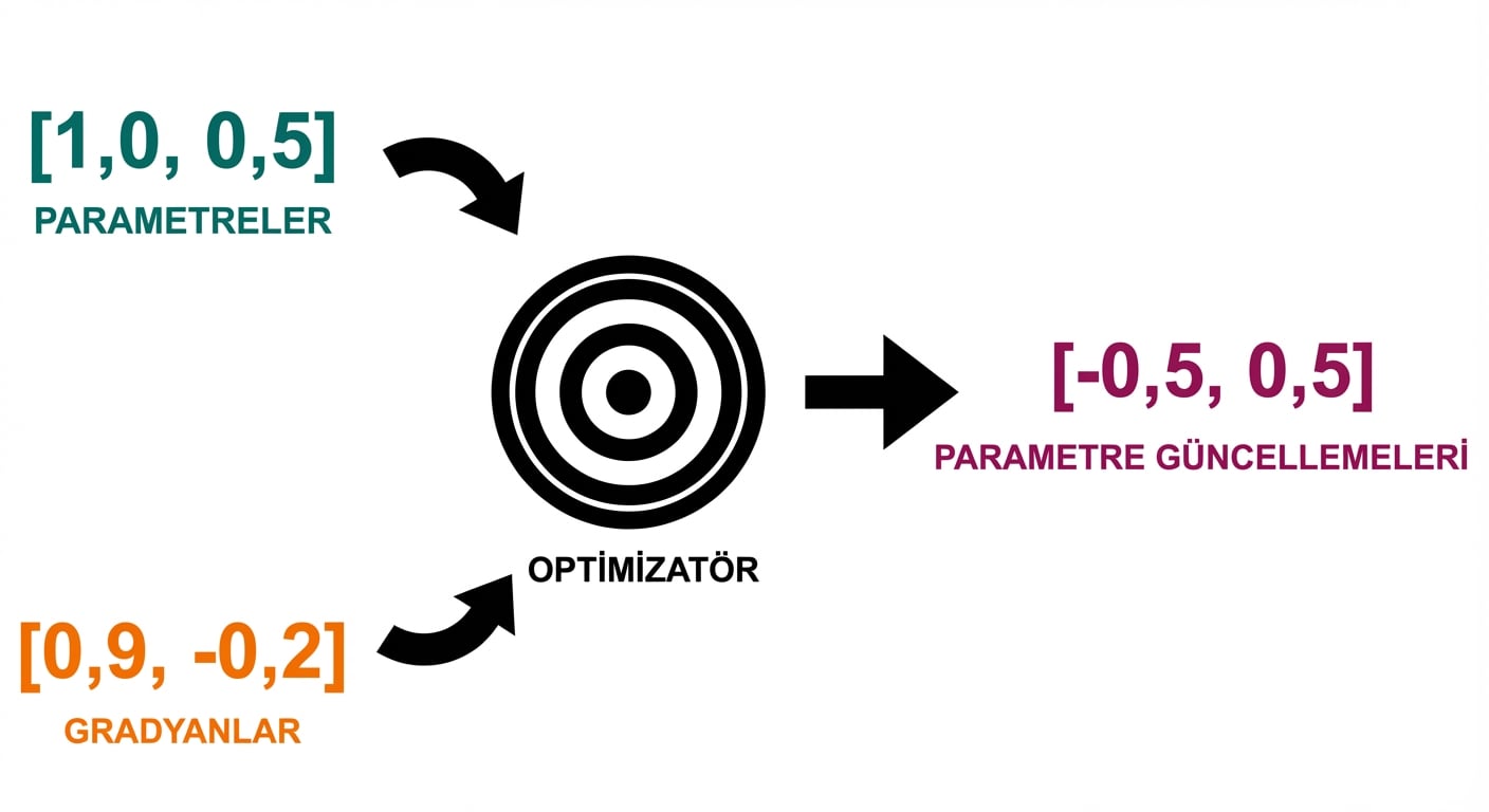 Eniyileyiciden çıkan bir ok, iki parametre güncellemesi içeren bir vektöre işaret ediyor: -0.5 ve 0.5.