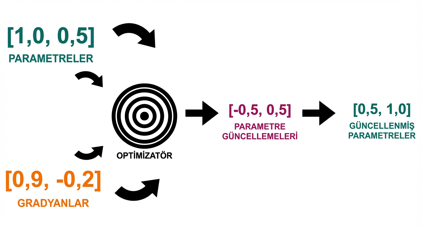 Parametre güncellemelerinden gelen oklar, güncellenmiş parametre değerlerine işaret ediyor: 0.5 ve 1.0