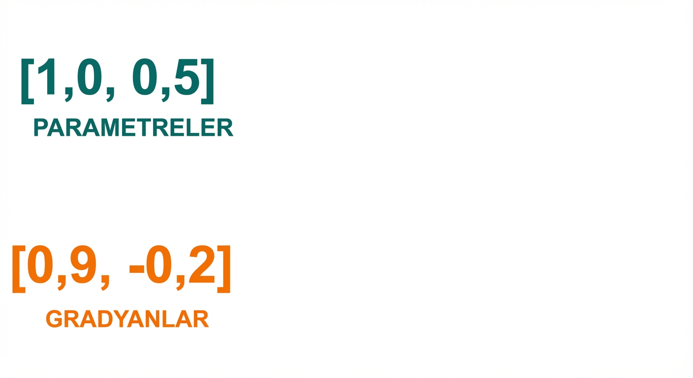 İki uzunluklu iki vektör: biri parametre değerleri (1 ve 0.5), diğeri gradyanlar (0.9 ve -0.2).