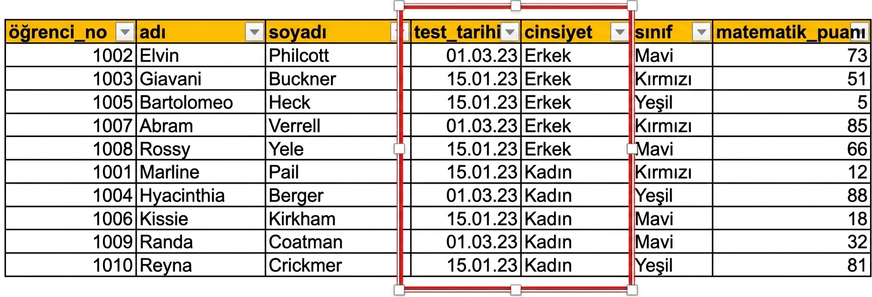 Excel'de öğrenci sınav verilerinin manuel girildiği bir tablo. test_date tarih sütunu vurgulanmış