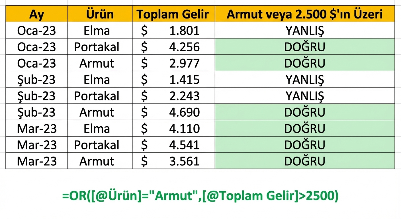Excel'de OR işlevi ve iki değişken koşuluyla sütun oluşturma örneği