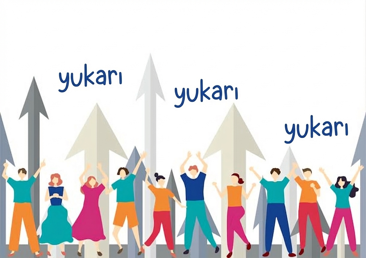 Yukarıyı işaret eden insanlar, yukarı oklar ve üstte up yazısı olan bir görsel.