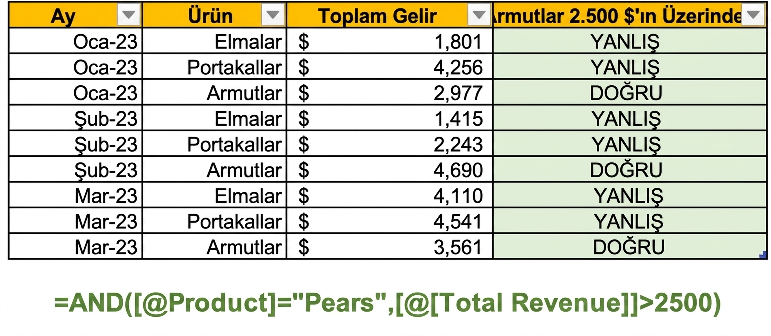 Excel'de AND işlevi ve iki değişken koşuluyla sütun oluşturma örneği