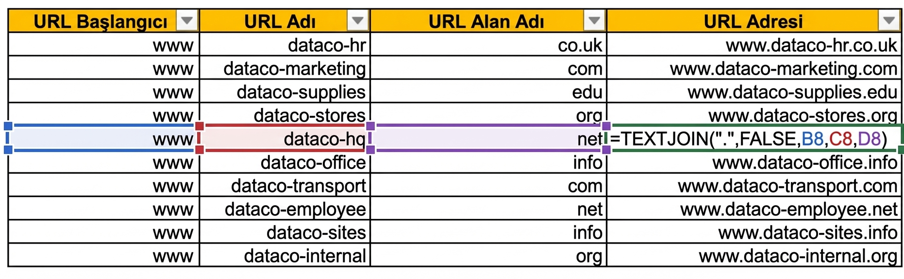 Excel'de URL başlangıcı, ad ve alanın farklı satırlarda olduğu tablo görseli.