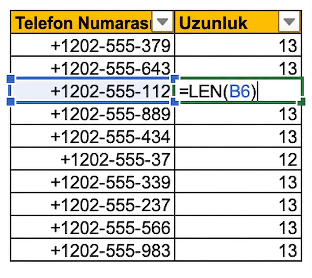 Bir sütunda telefon numaraları ve LEN formülüyle girilen değerlerin uzunluğunu sayıp kontrol eden Excel tablosu görseli