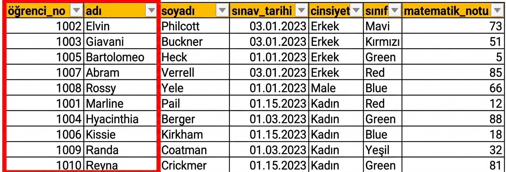 Excel'de öğrenci sınav verilerinin manuel girildiği bir tablo. full_name metin dizesi sütunu vurgulanmış