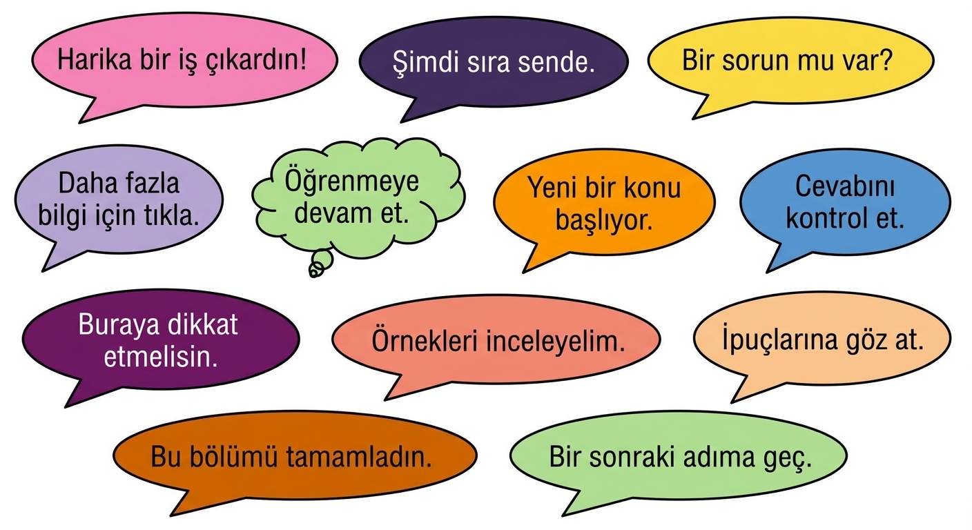 Farklı renklerde kelime bulutları ve konuşma balonları.