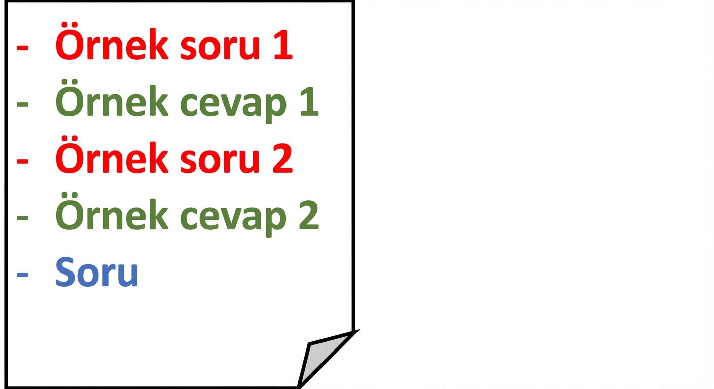 Örnek soru ve cevaplarla yapısını ve en sonda modele yanıtlatmak istediğimiz soruyu gösteren az örnekli bir istem görselleştirmesi.