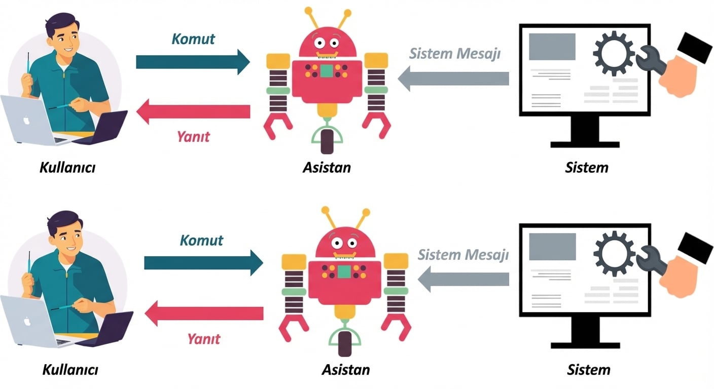 Üç rolün her biri için simge; sistem–asistan arasında sistem mesajları, kullanıcı–asistan arasında istem ve asistan–kullanıcı arasında yanıt okları bulunan görsel.