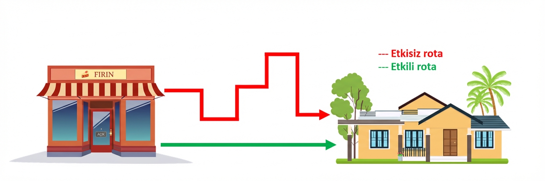 Bir fırın ve bir ev arasında iki olası rota gösteren şema: biri basit ve kısa (etkili), diğeri karmaşık ve uzun (etkisiz).