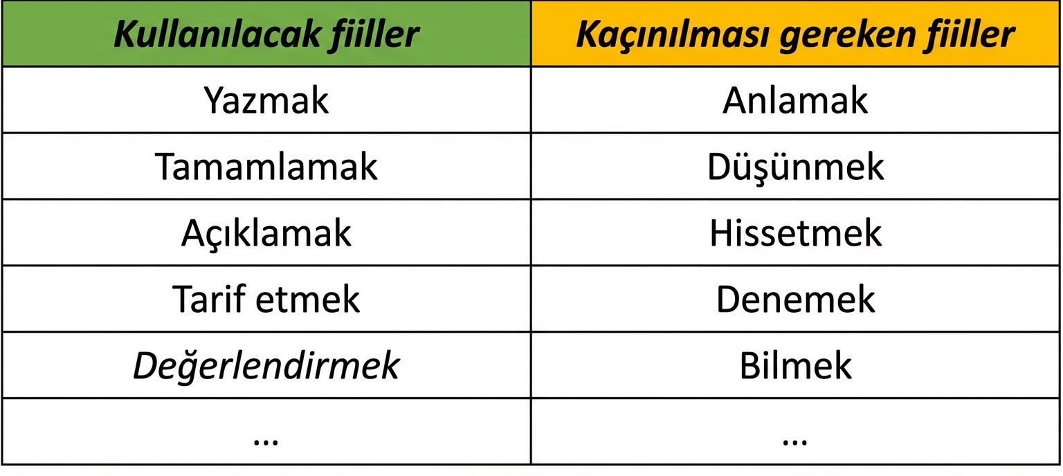 Kullanılacak fiiller (yaz, tamamla, açıkla, betimle, değerlendir) ve kaçınılacak fiiller (anla, düşün, hisset, dene, bil) içeren tablo.