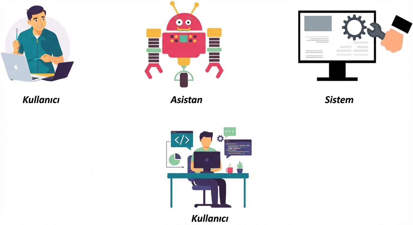 Üç rolün her biri için simge gösteren görsel: kullanıcı, sistem ve asistan