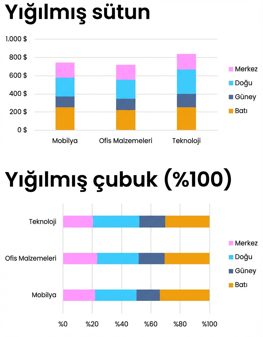 Yığılmış ve %100 yığılmış çubuk ve sütun grafik örnekleri