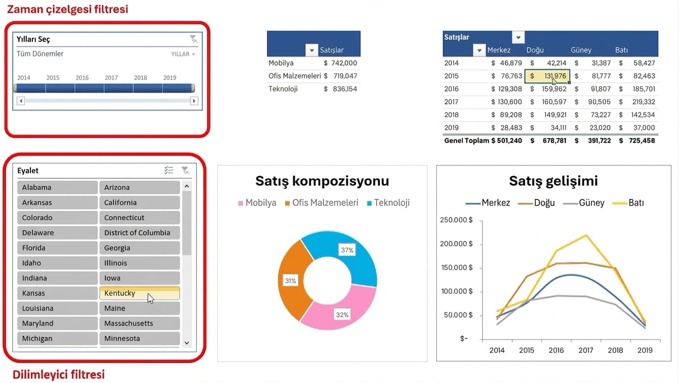 Zaman çizelgesi ve dilimleyici filtreleri içeren Excel’de küçük bir kontrol paneli örneği